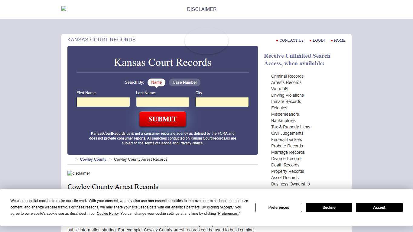 Cowley County Arrest Records KansasCourtRecords.us