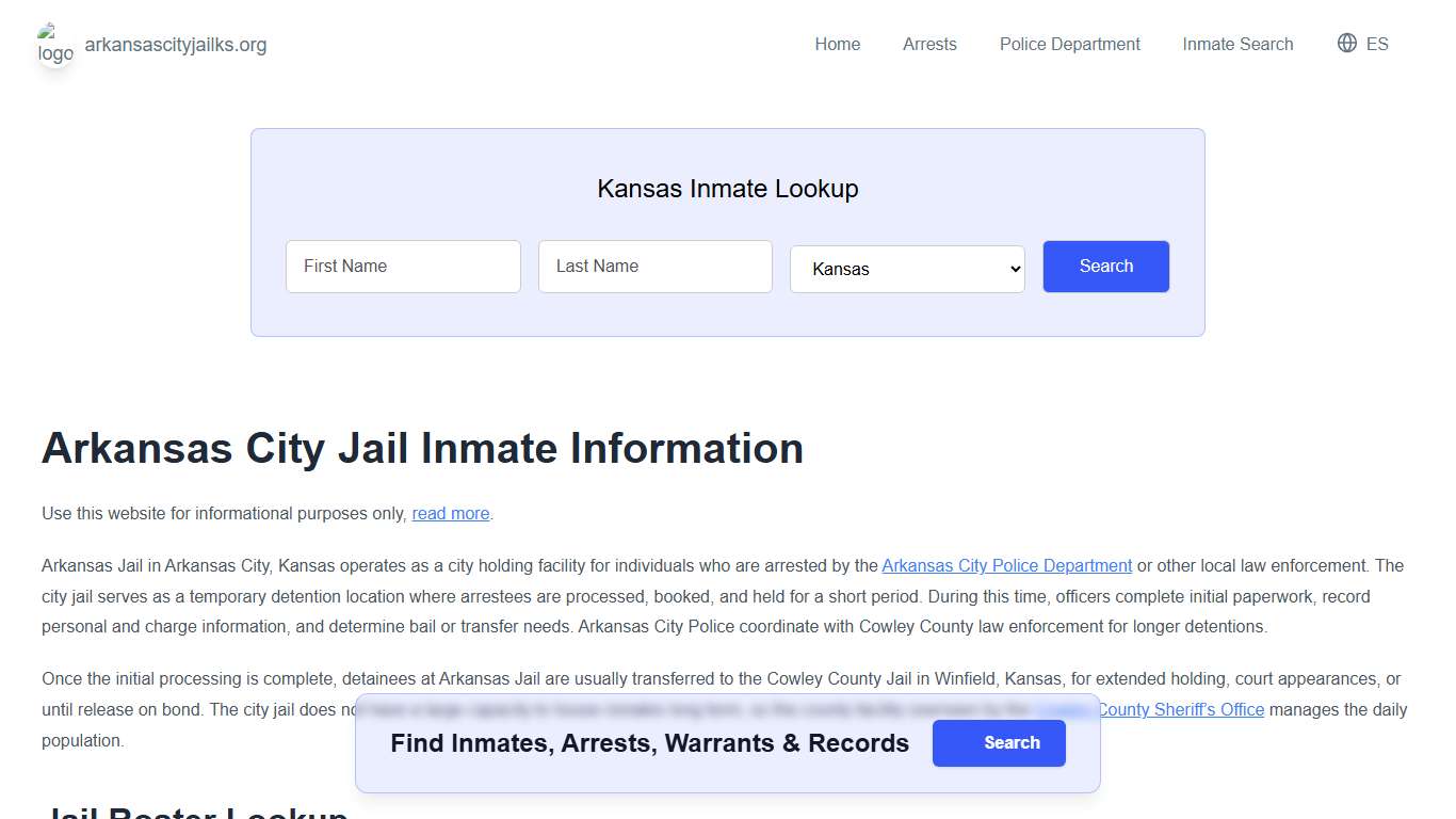 Arkansas Jail, KS Inmate Roster, Municipal Jail Info